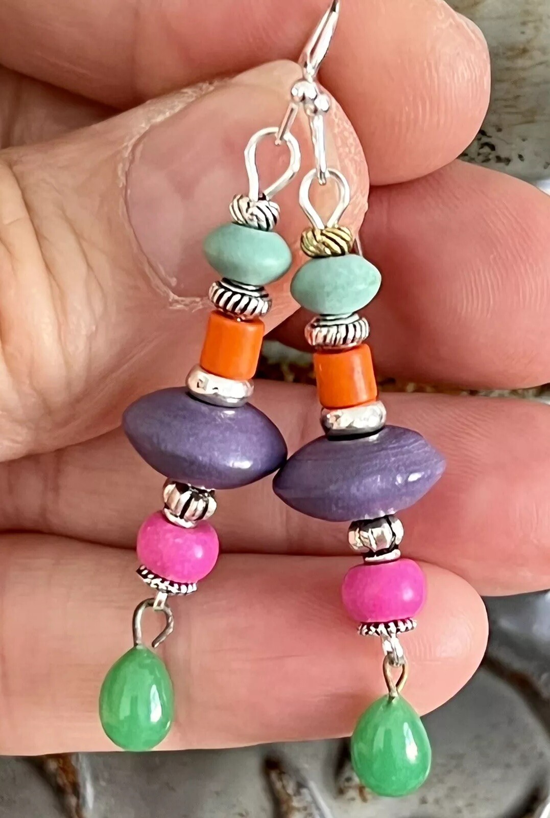 Silver Dangle Earring with Multi Color Beads. Boho Chic