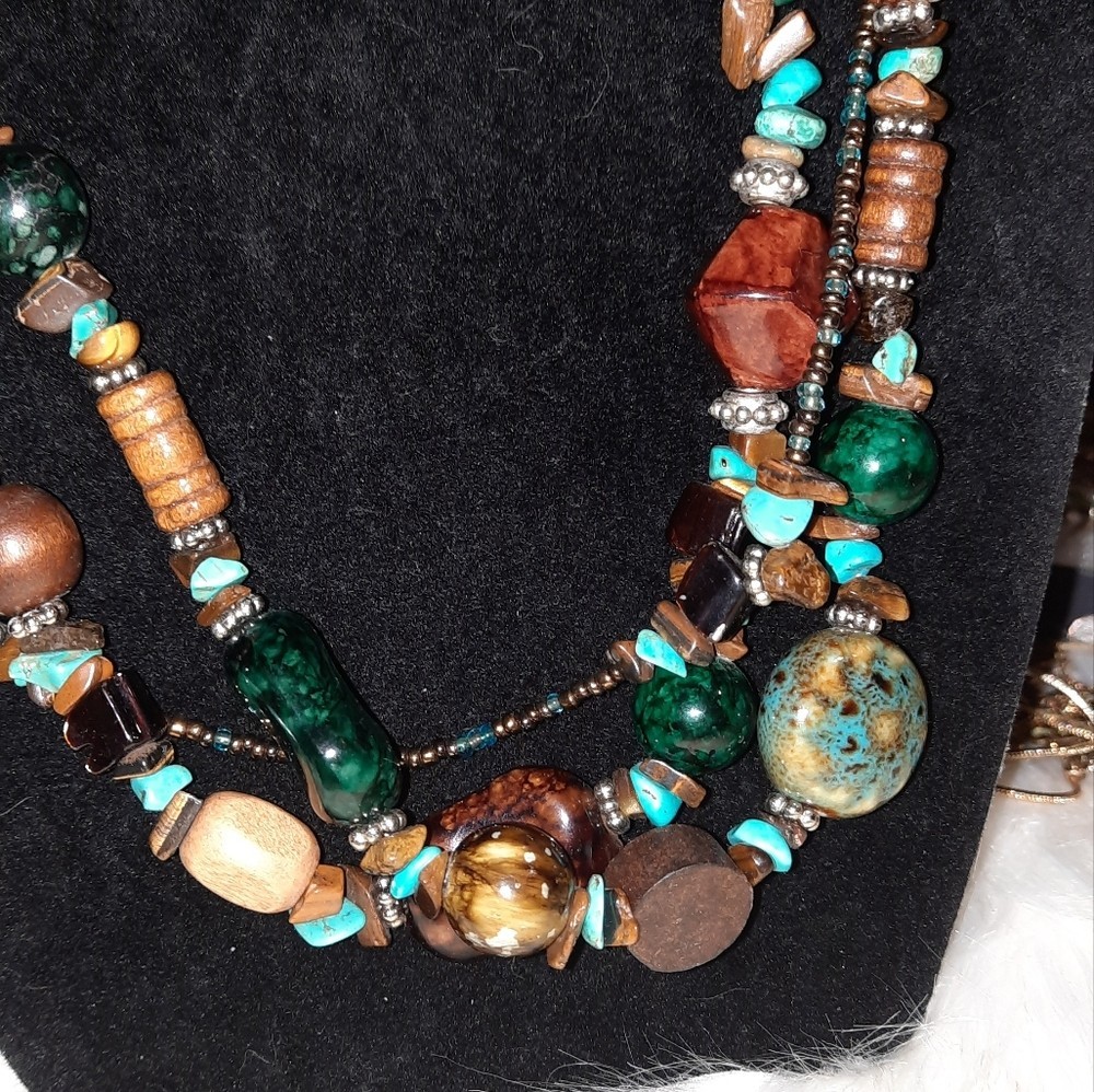 Stone, ceramic, wood, Glass seed beaded necklace Multistrand necklace