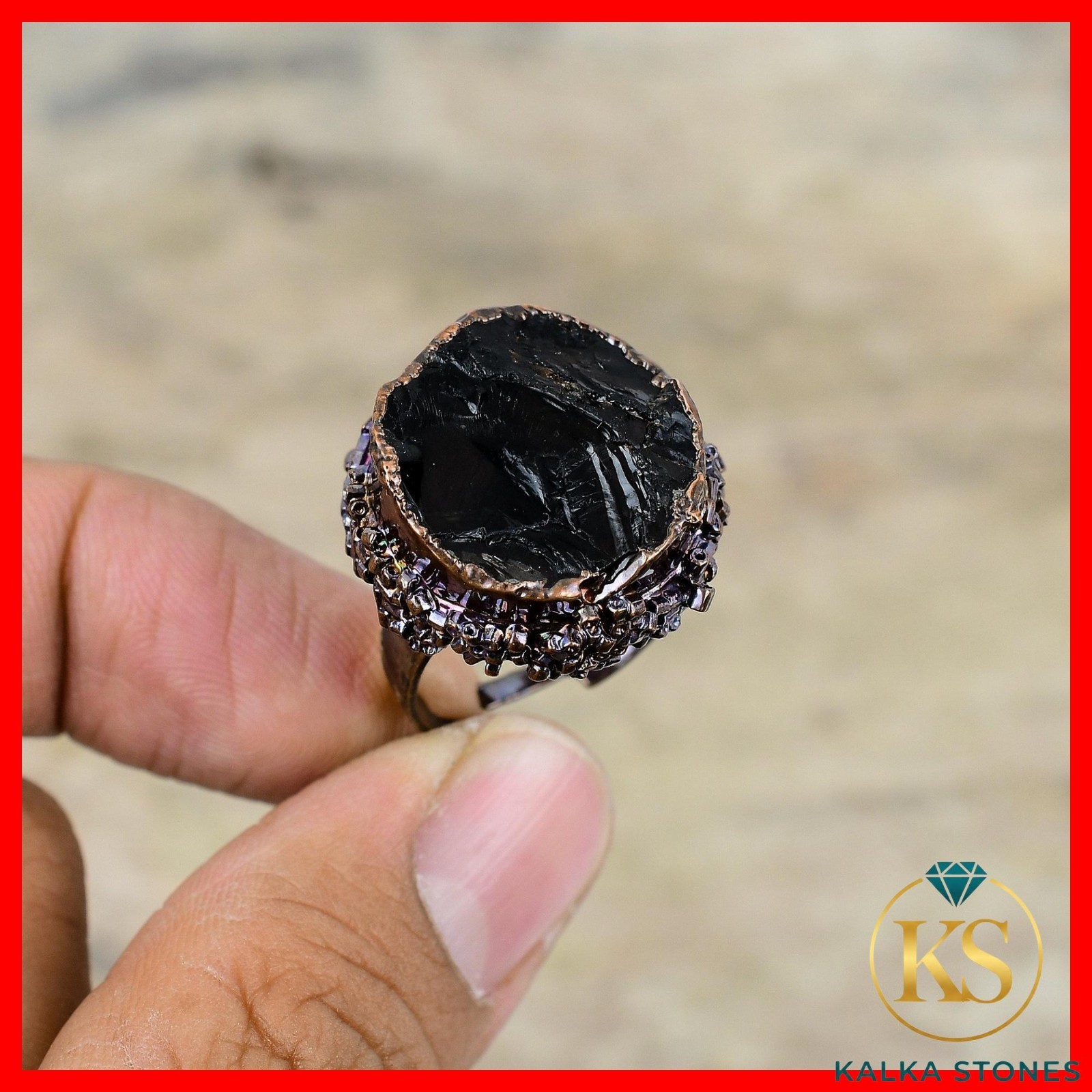 Black Tourmaline Rough Stone Copper Solitaire Wife Electroformed Statement Ring