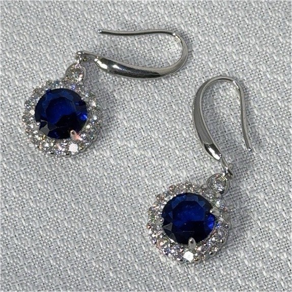 925 Sterling Silver Blue Round Cubic Zirconia Halo Leverback Dangle Earrings