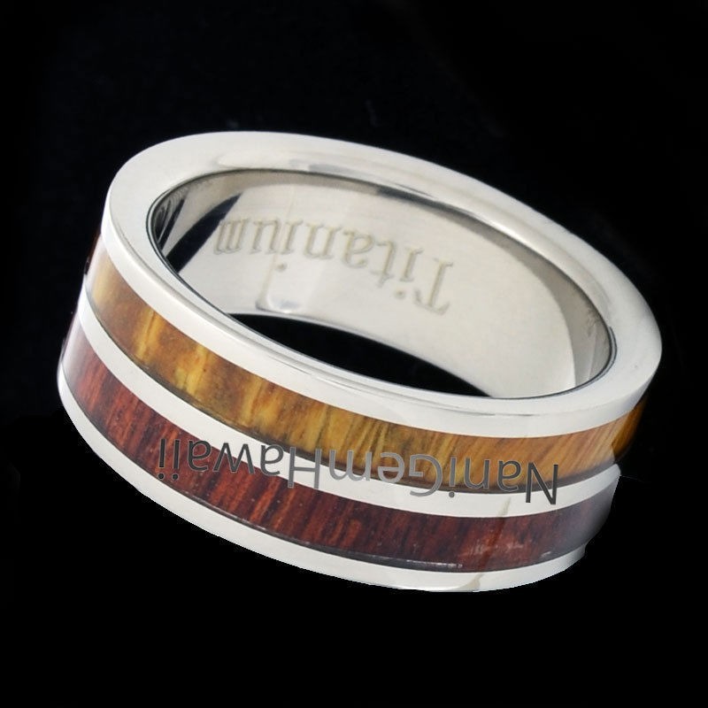 Titanium Koa Wood 8mm 2 Tone Double Row Band Ring Flat Edge