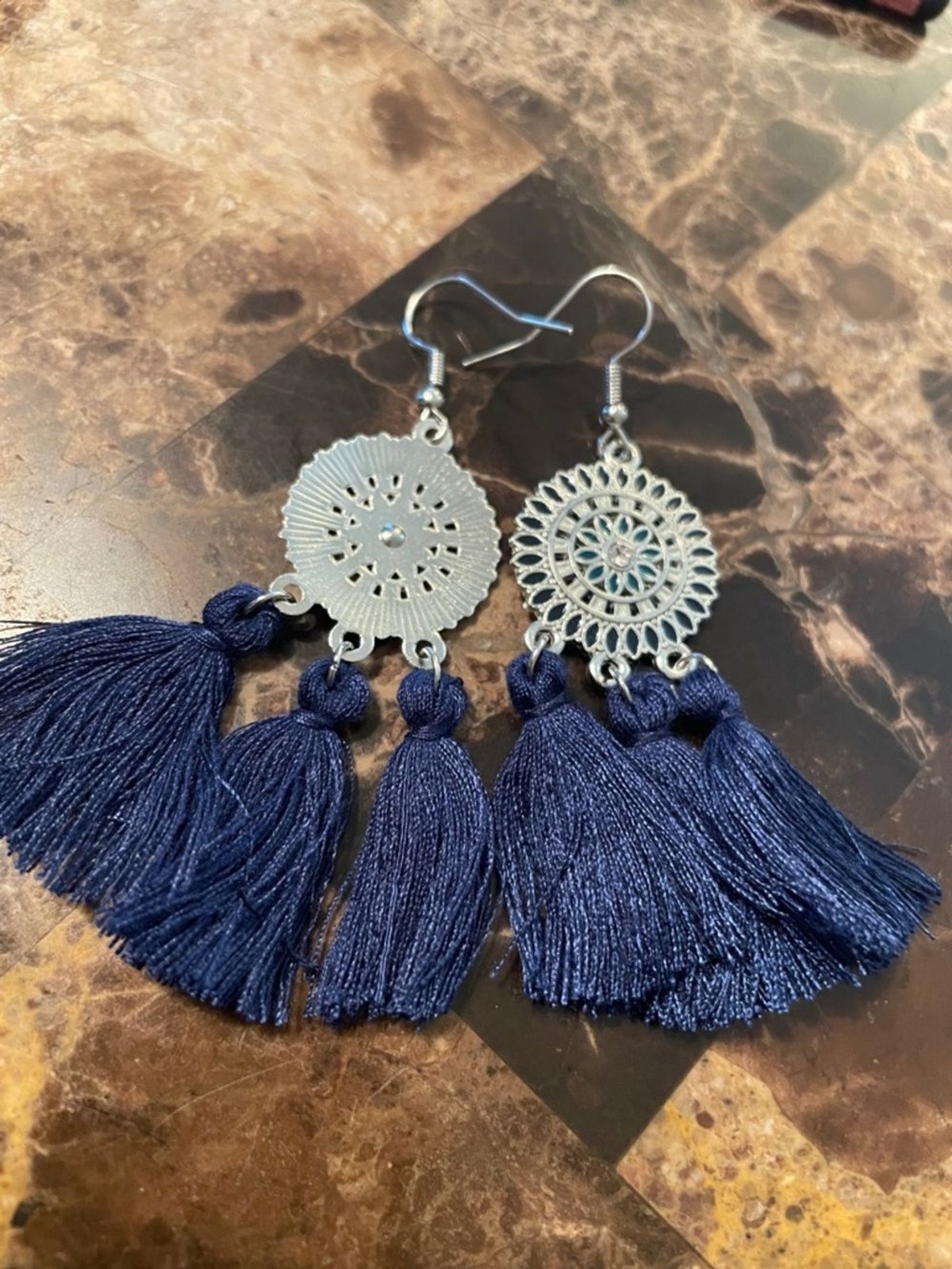 Boho Navy Tassel Drop Earrings with Silver Medallions