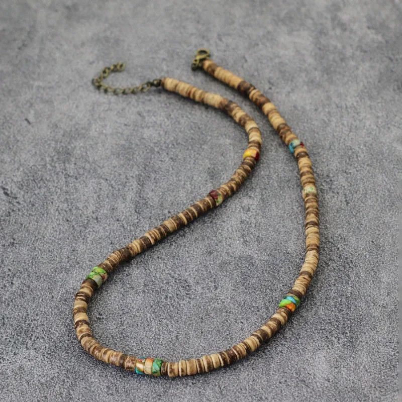 Natural Coconut Wood Necklace 19 Inch Round Bead Rope Chain Men Jewelry