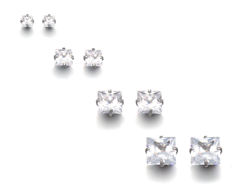 SQUARE PRINCESS CUT STUD EARRING CZ CRYSTAL TITANIUM POST UNISEX 4mm-10mm