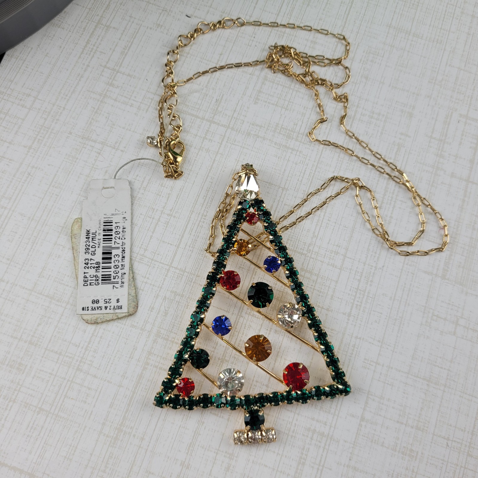 Large Rhinestone Christmas Tree Pendant Necklace Extra Long Chain 35″