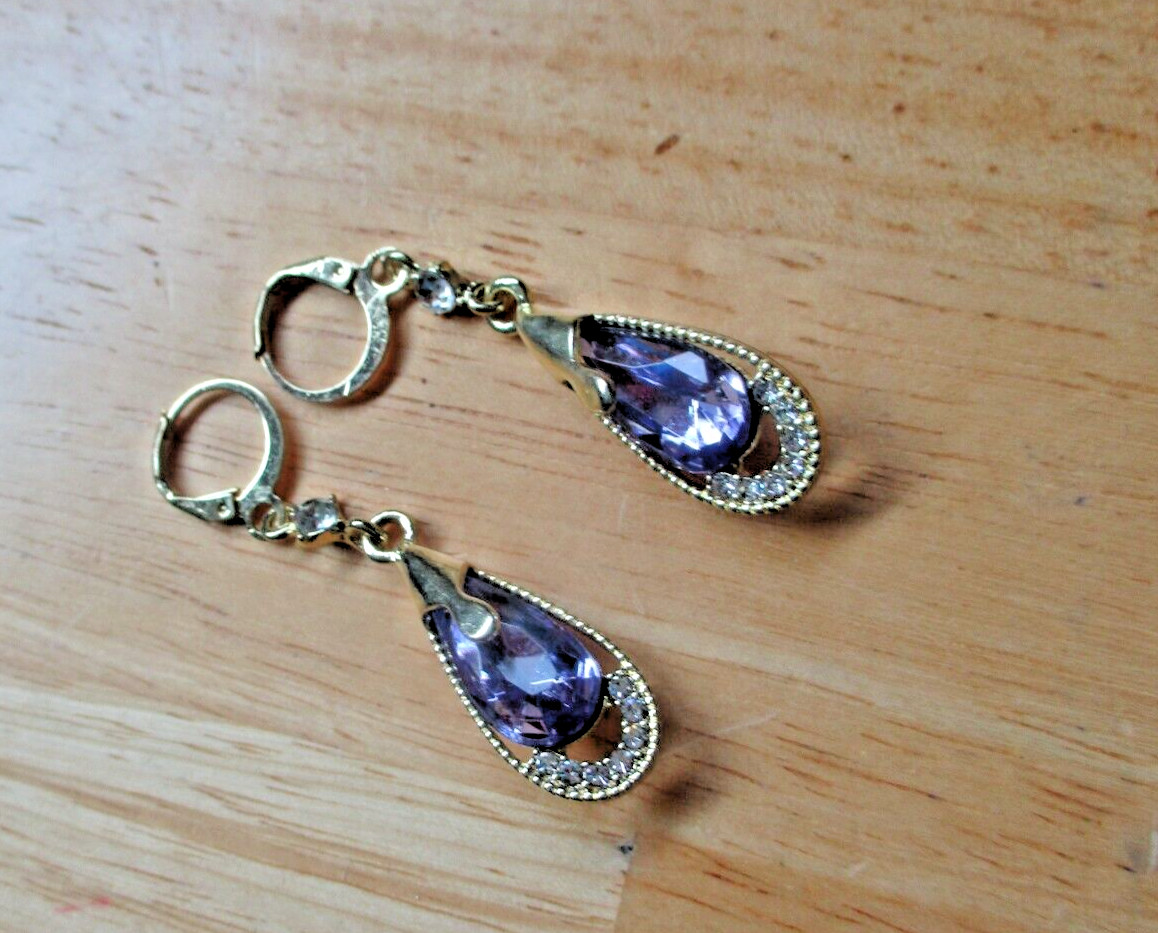 Purple Crystal Droplet Shaped Earrings, 18K Gold Plated