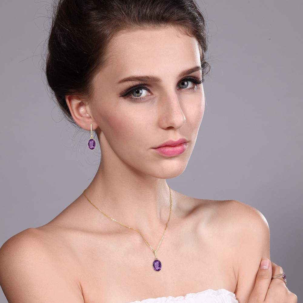 15.00 Ct Amethyst 14x Oval 18K Yellow Gold Plated Silver Jewelry Set 18″ Chain