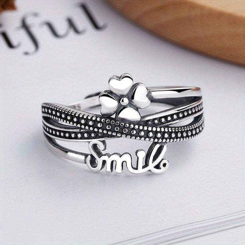 Women’s Fashion Four-leaf Clover Letter Ring Adjustable Opening Copper Ring