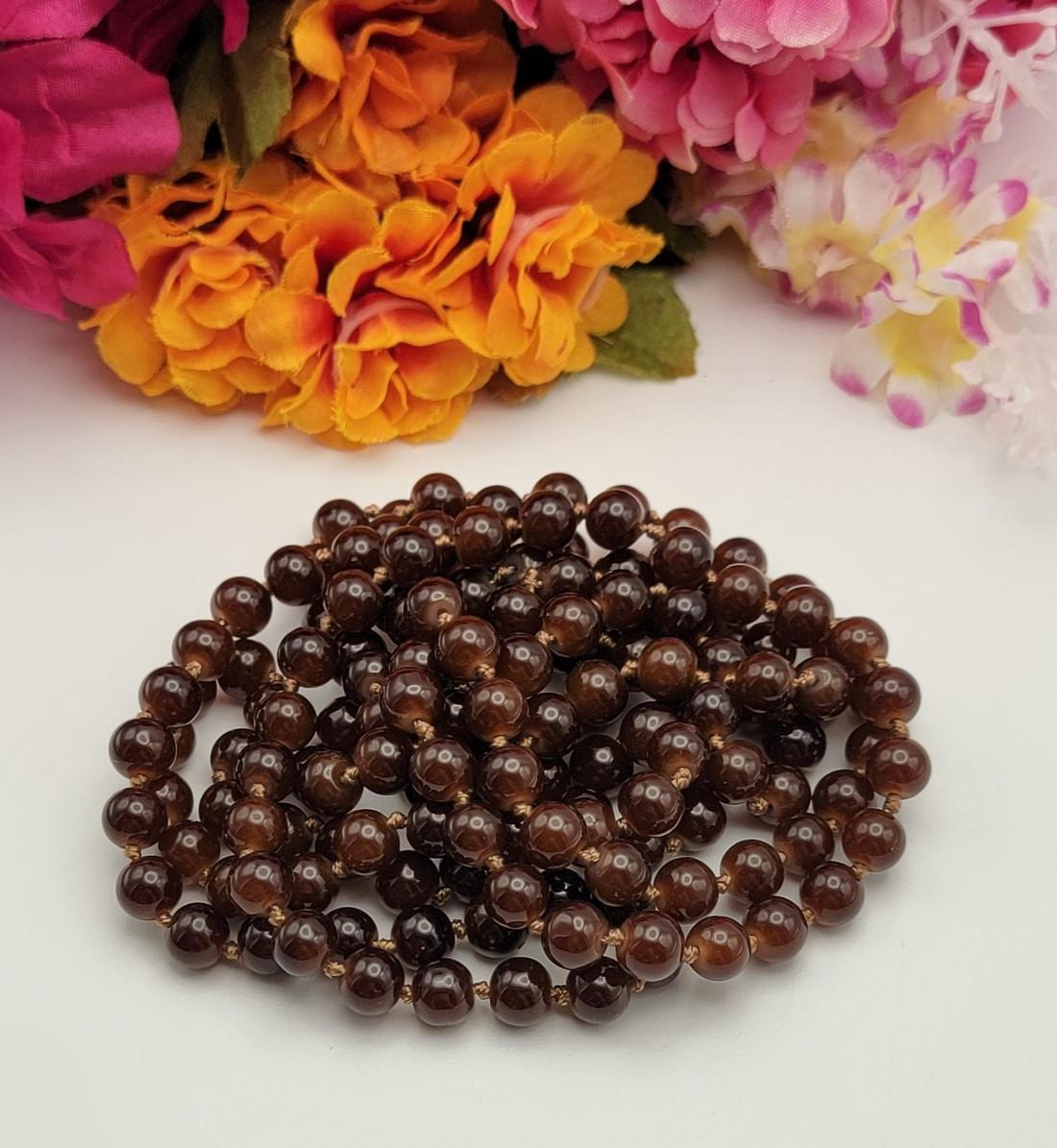 Brown Agate Beaded Necklace 58″ Continuous Strand 8.2mm Hand Knotted