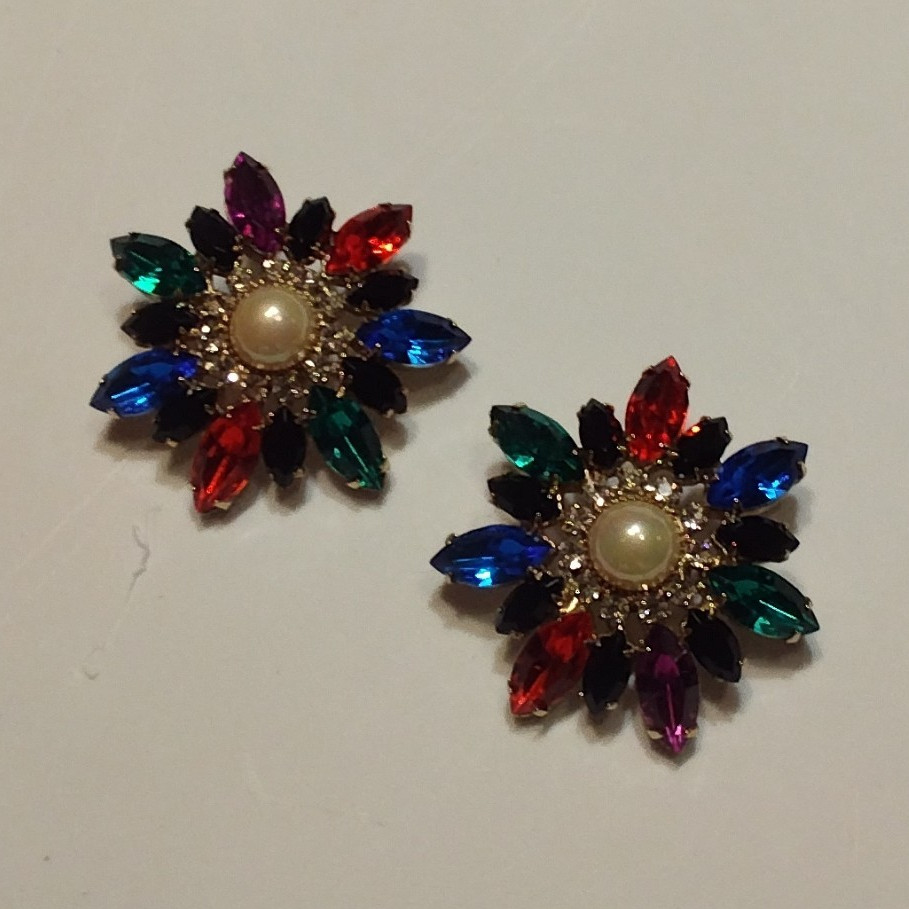 Multicolor Rhinestone Flower Cluster Stud Earrings w/ White Faux Pearl Center