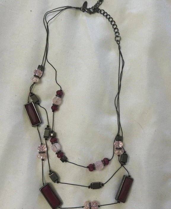 Layered Beaded Crystal Glass Necklace Rectangle Red Pink Gunmetal Adjustable