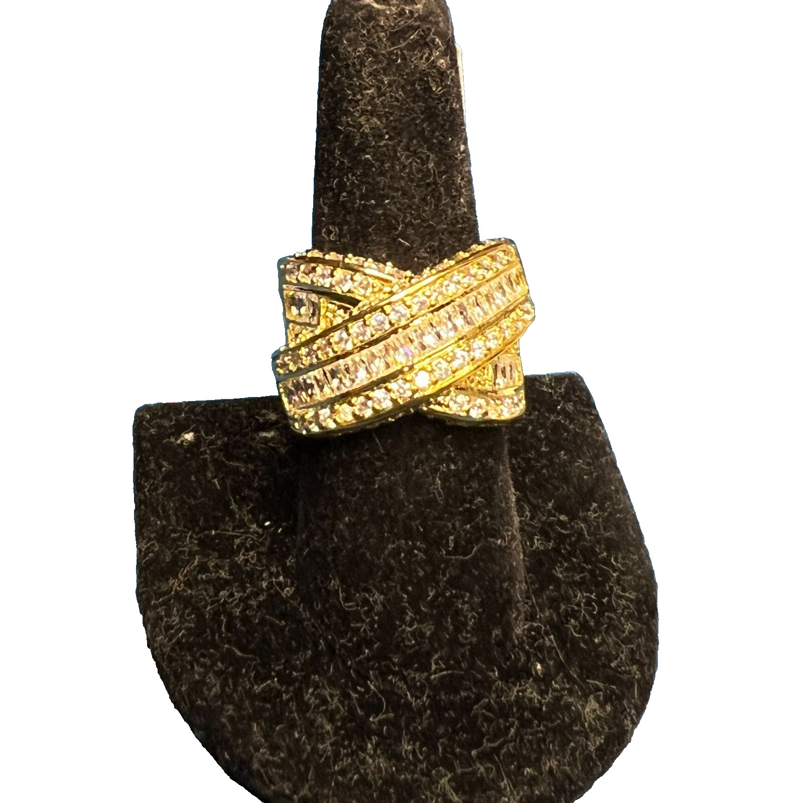 Palm Beach jewelry 3.64 TCW Baguette Cut CZ Gold Plated Crossover Ring Sz 8.5 NE