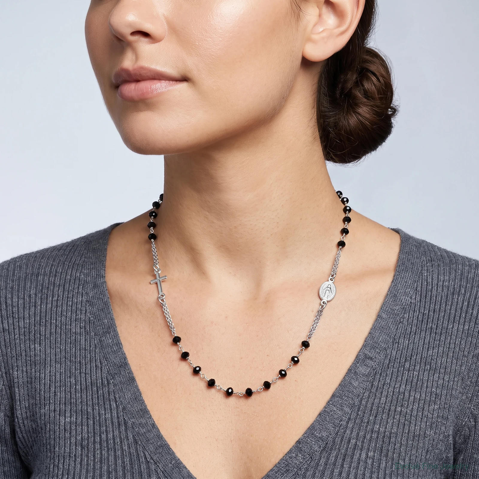 Sterling Silver RH-Plated Blk Crystal 20in W/.5in Ext Rosary Themed Necklace