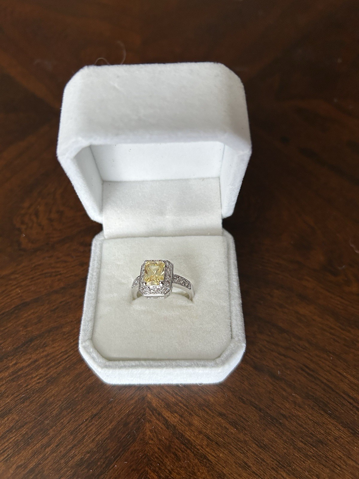 Stainless Steel Crystal Ring Light Yellow Princess Cut Size 7 Baguette Accents