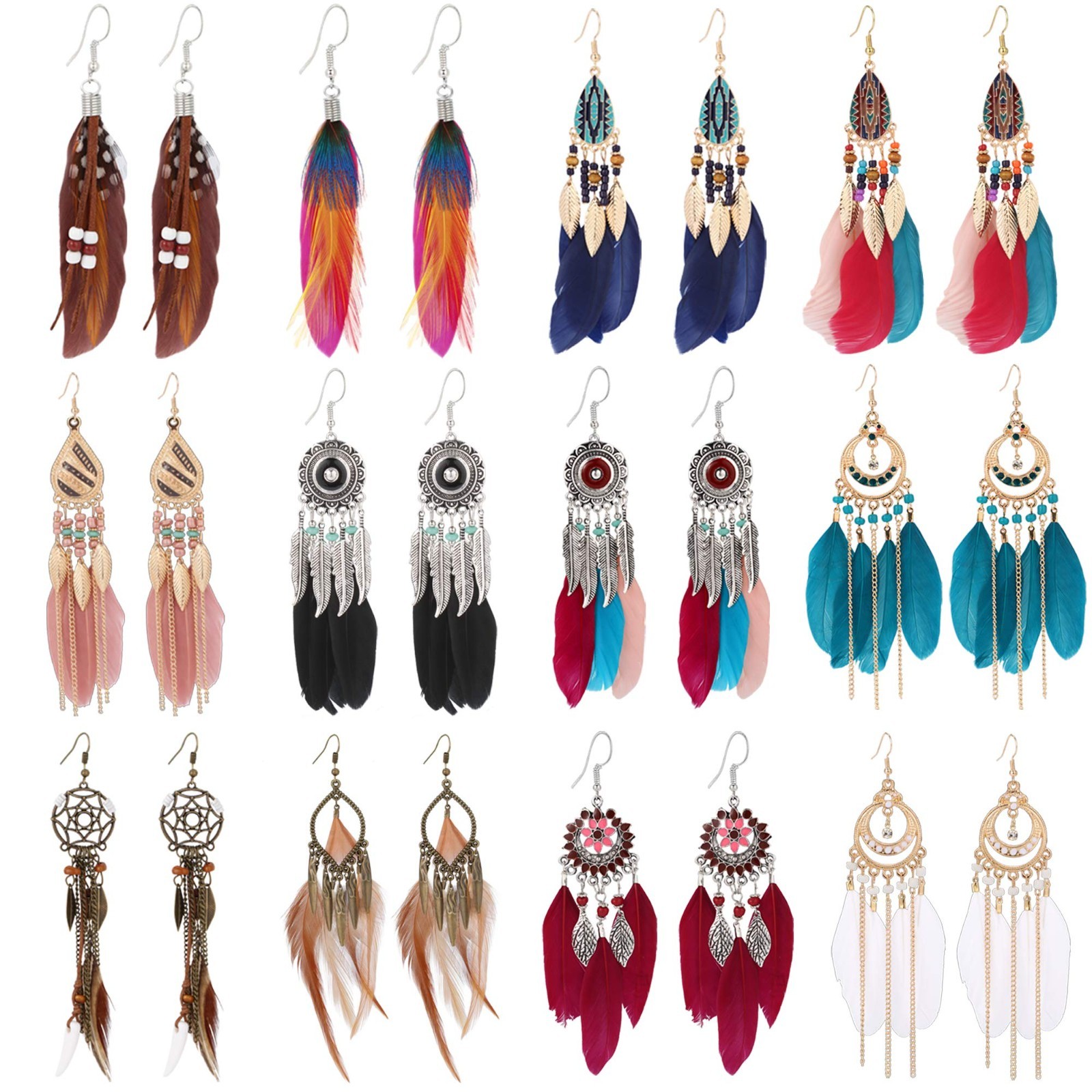 12 Pairs Bohemian Feather Earrings Set – Vintage Long Drop Dangle Dream Catcher