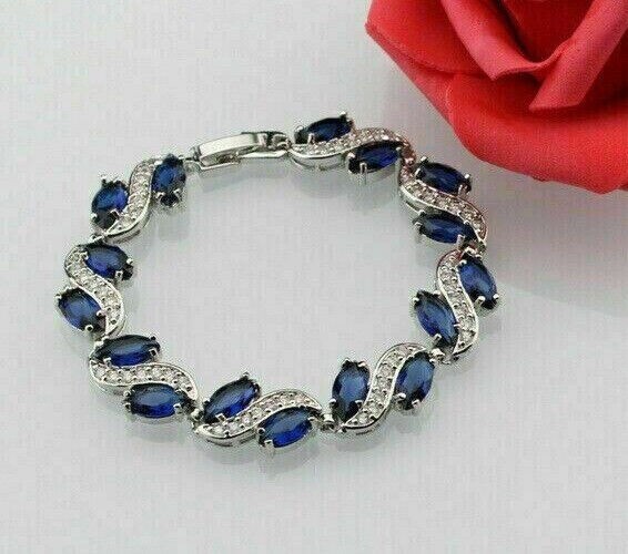 Marquise Cut Simulated Sapphire Women’s Gorgeous Bracelet 14K White Gold Plated