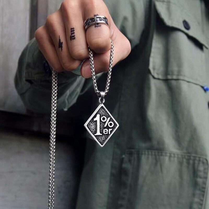 Mens One Percenter 1%er Pendant Necklace Biker Jewelry Stainless Steel Chain 24″