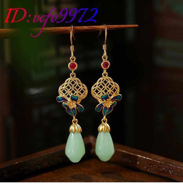 Natural Jade Flower Earrings 18K Gold Plated Talismans Stone Real Jewelry