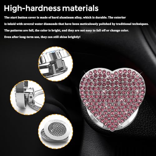 Bling Push Start Button Cover with Rhinestone, Heart Push to Start Button Pink