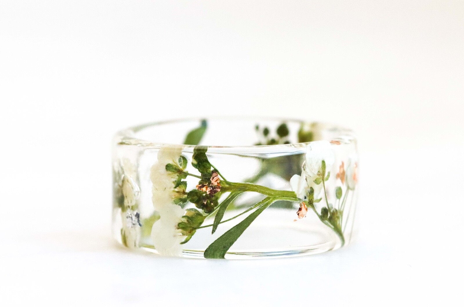 Wide Ring with Pressed Real White Alyssum Flowers and Gold Flakes, Resin Ring