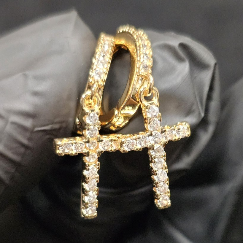 Yellow Gold Plated Pavé CZ Cross Dangle Hoop Earrings Hinged Closure