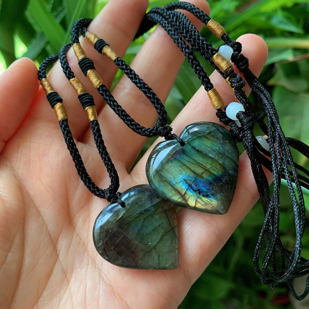 Natural Heart Pendant Labradorite Necklace Gem Moonstone Stone Crystal LD9
