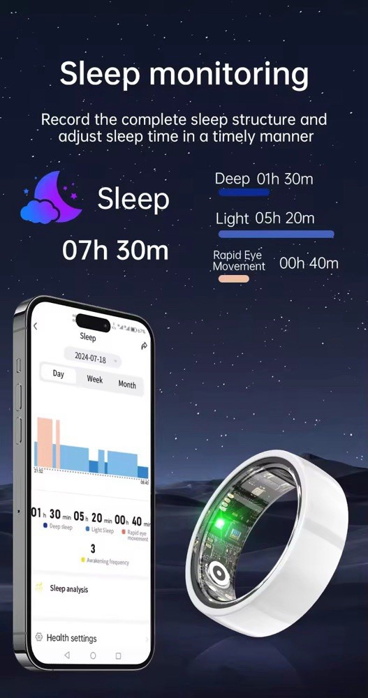 Ceramic Smart Ring Health Fitness Tracker IP68 Monitor Heart Sleep, Blood Oxygen