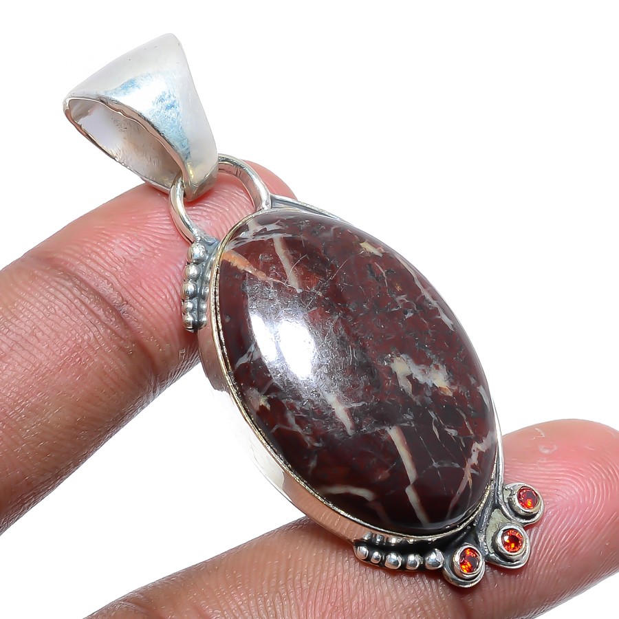 Coconut Jasper & Garnet Handmade Silver Plated Pendant 2.09″ T54