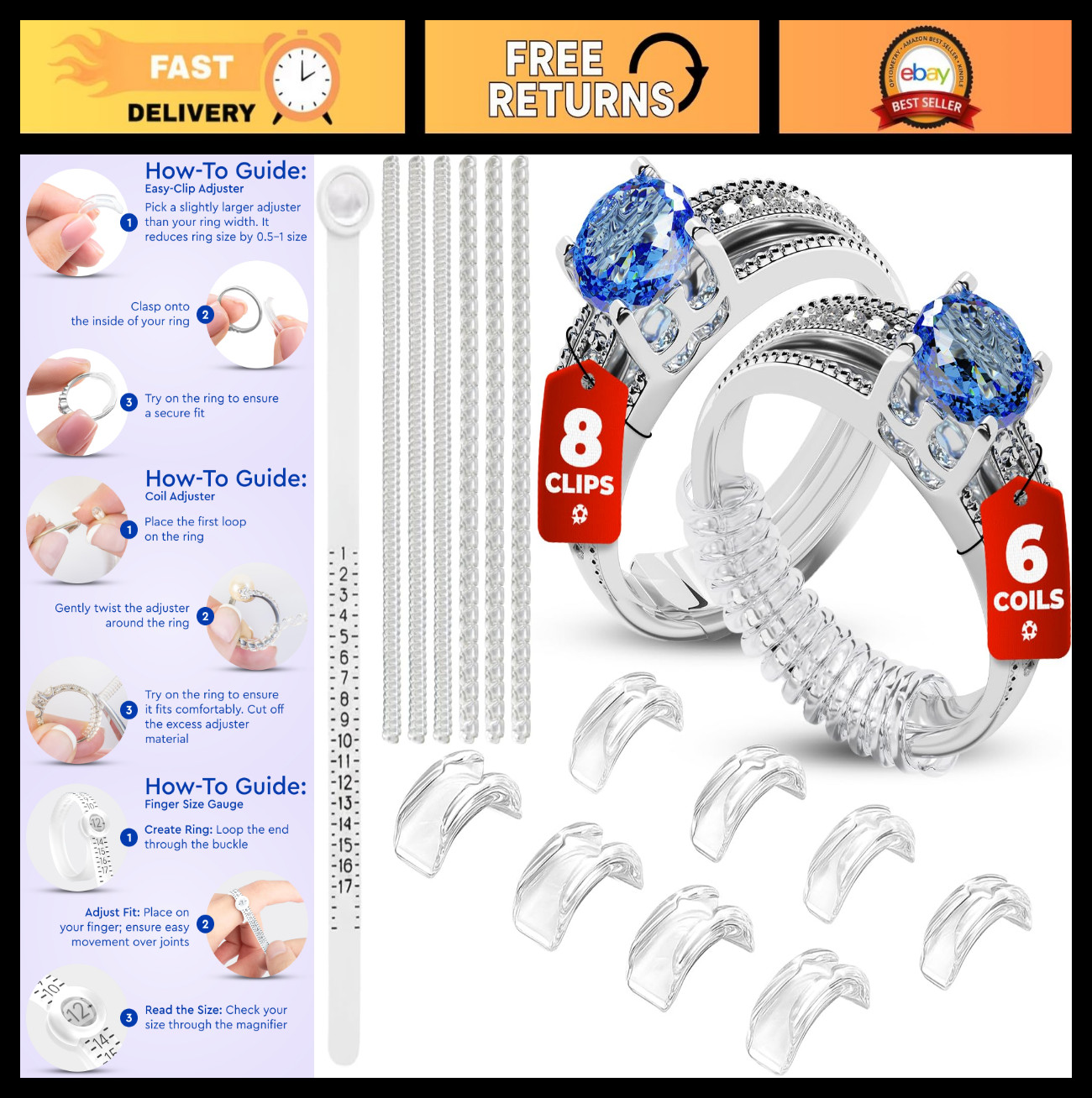 Adjustable Ring Sizers – 8 Clip & 6 Coil Adjusters, Finger Size Gauge 1-17 USA