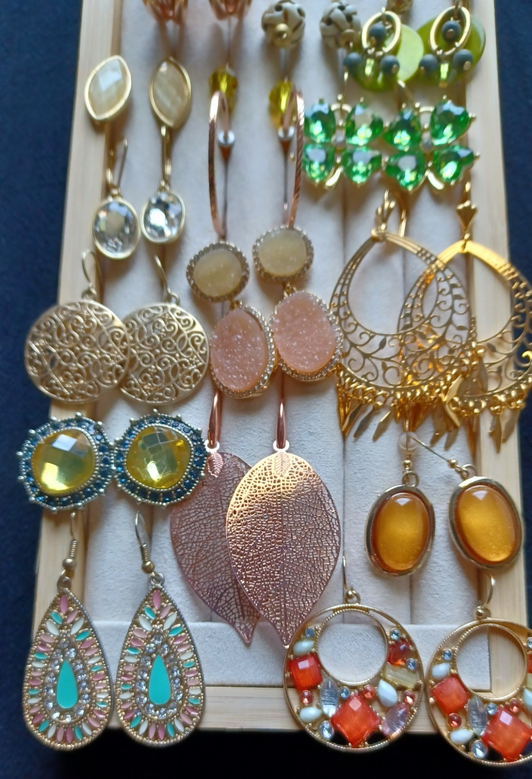Lot 16 Pairs Pierced Earrings Gold & Rose Tone Mixed Styles Materials & Sizes