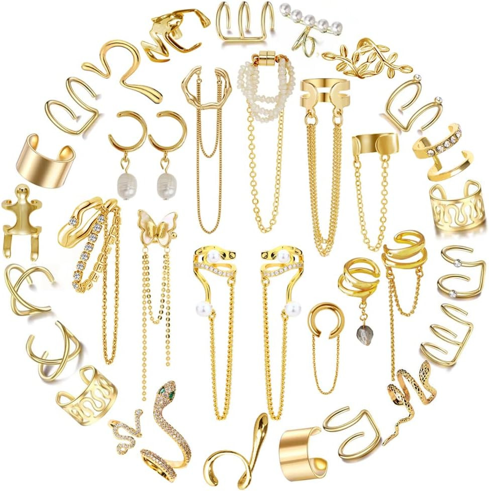 35 PCS Gold Silver Adjustable Ear Cuffs Earrings for Women Non-Piercing Cartilag