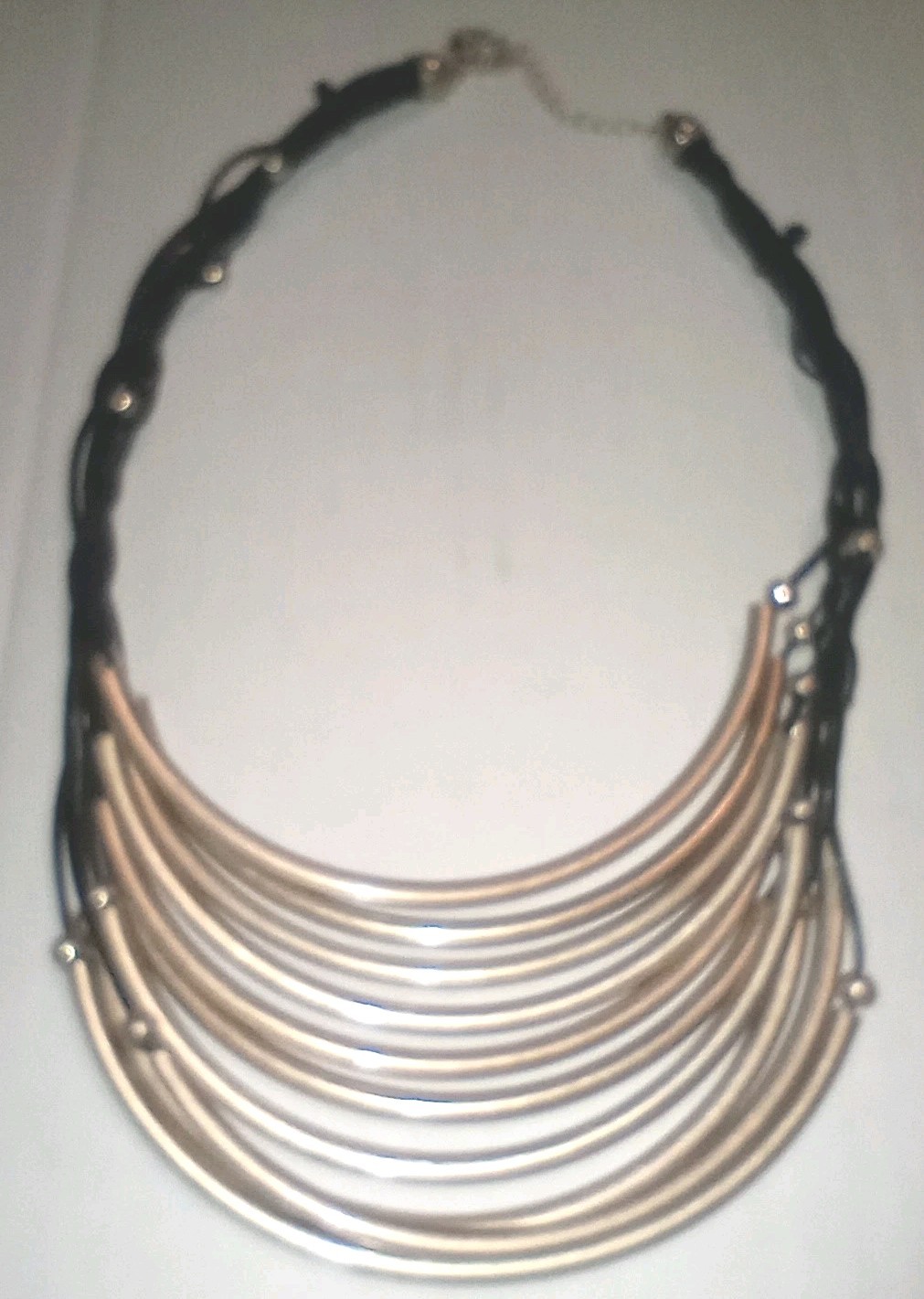 Necklace Contemporary Gold Tone Vinyl Or Leather Gold Tone Hollow Tubes.
