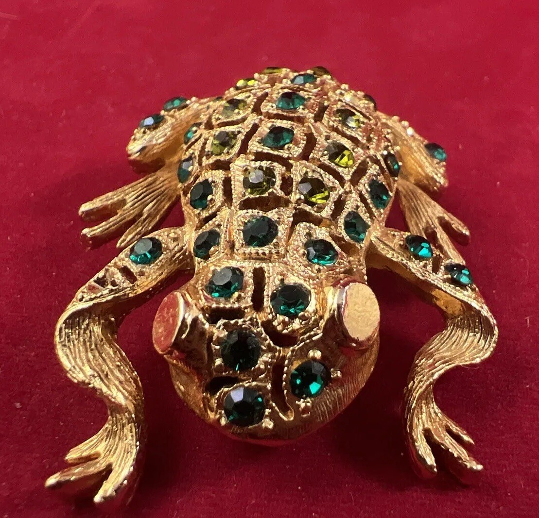 Vintage Gold Tone Rhinestone Frog Brooch Pin Jungle Minus Stones SEE IMAGES