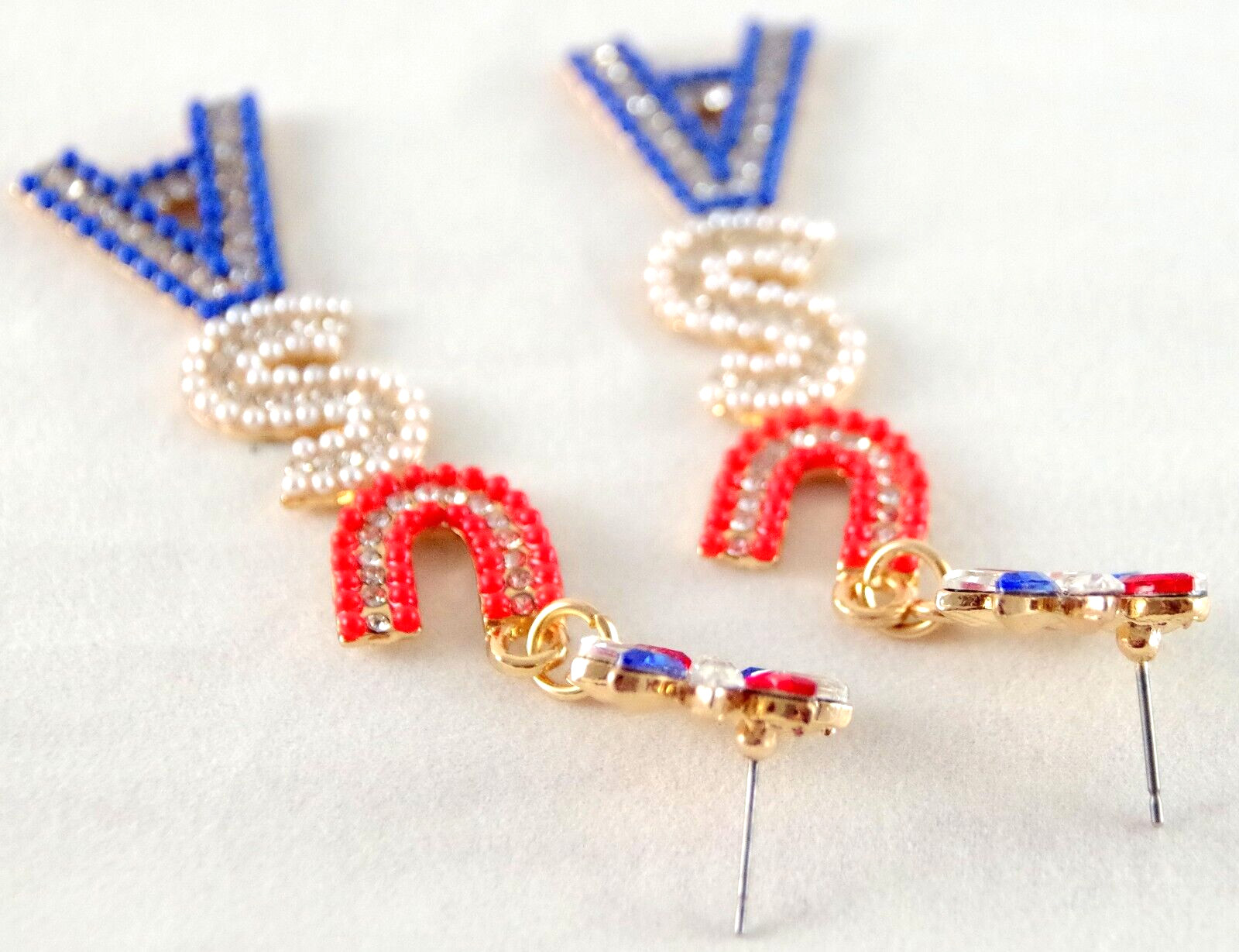 3″ BETSEY JOHNSON PATRIOTIC USA RED WHITE & BLUE RHINESTONE DROP DANGLE EARRINGS