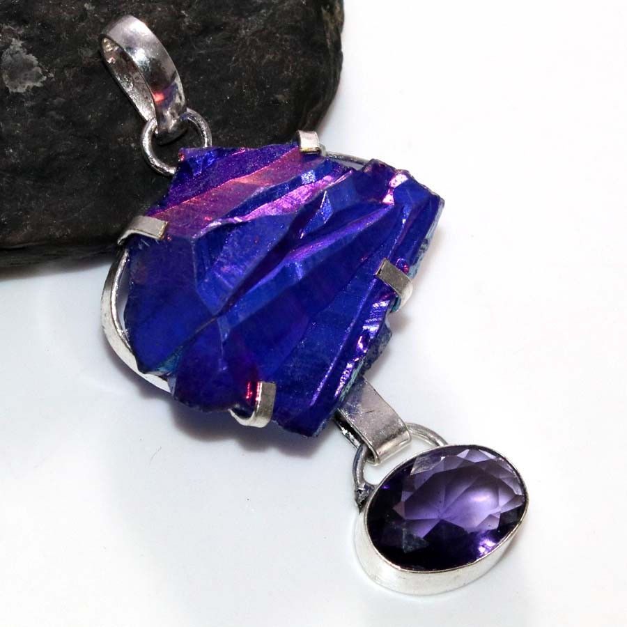 Long Purple Titanium Aura Quartz Rough Amethyst Pendant 2.3″ Most Beautiful JW