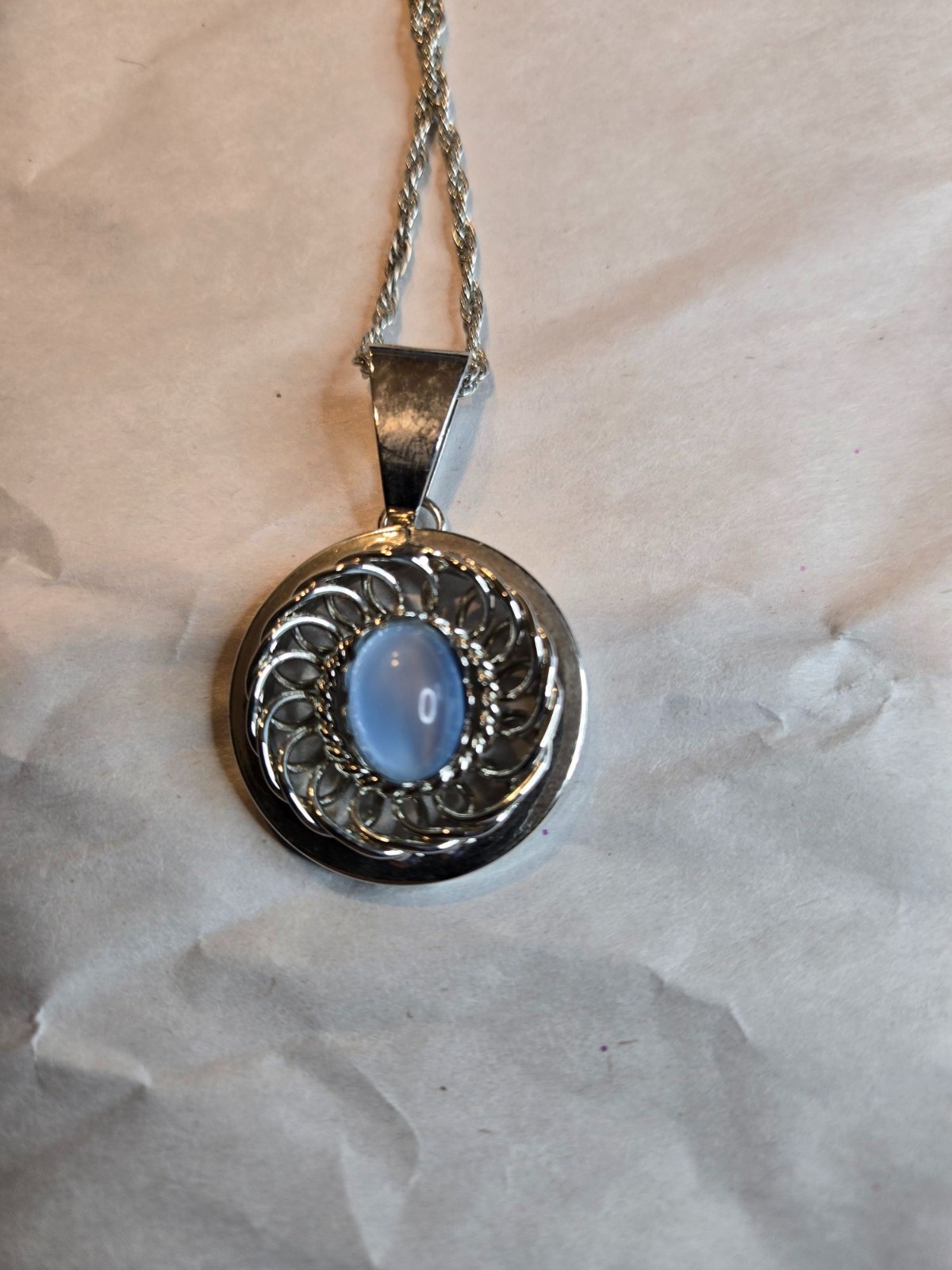 Silver-Tone Chain Necklace With Circular Pendant Featuring Blue Oval Stone & Int