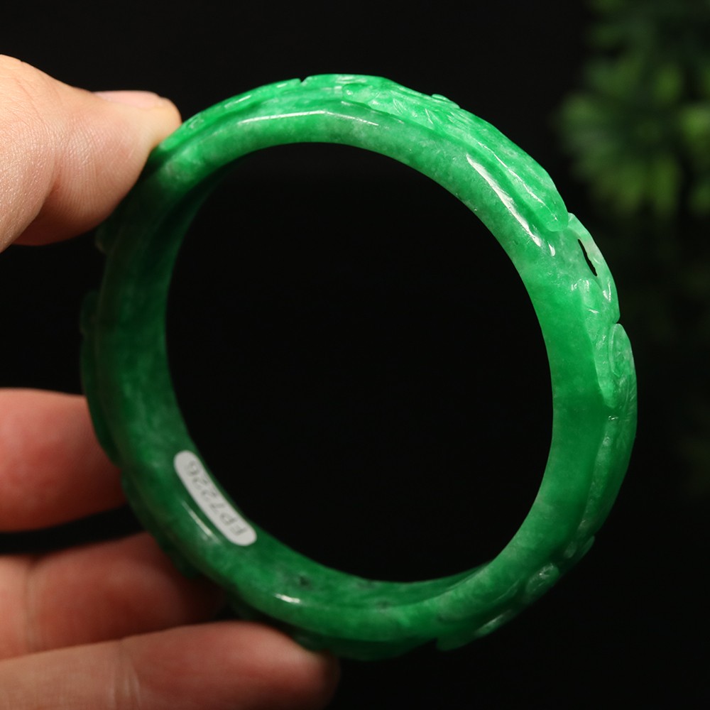 59mm Emerald Green Jadeite Jade Bangle Bracelet Handmade Ruyi Flower Bat A-14505