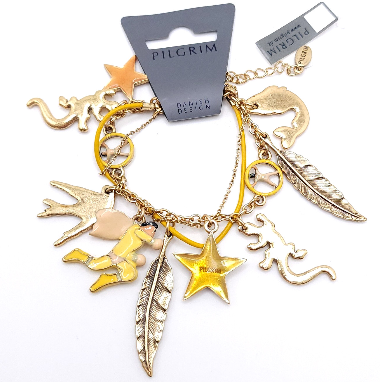 Pilgrim Gold Charm Bracelet Enamel Star Feather Lizard Danish Design Adjustable