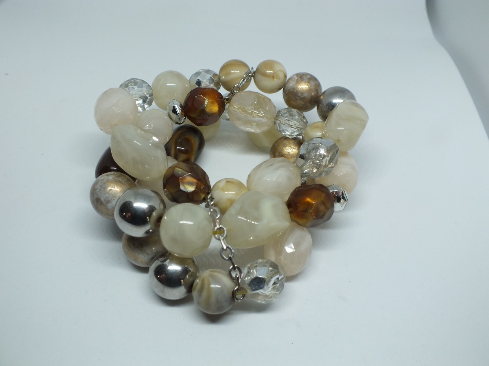 Beautiful Stretch Bracelet Silver Tone Pink Beige Brown 3 Strand Beads 1 3/4″ Wi