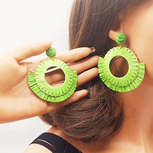 Special Round Dragon Fruit Color Lafite Grass Handmade Woven Stud Earrings