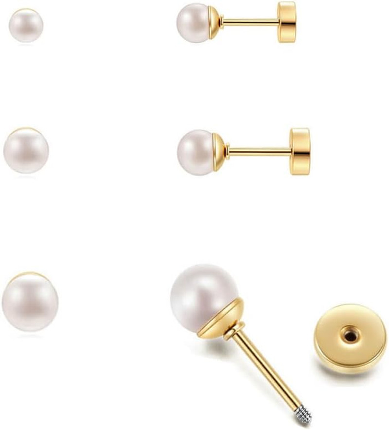 3Pairs Flatback Pearl Stud Earrings Set for Multiple Piercing|Dainty 4Mm 5Mm 6Mm