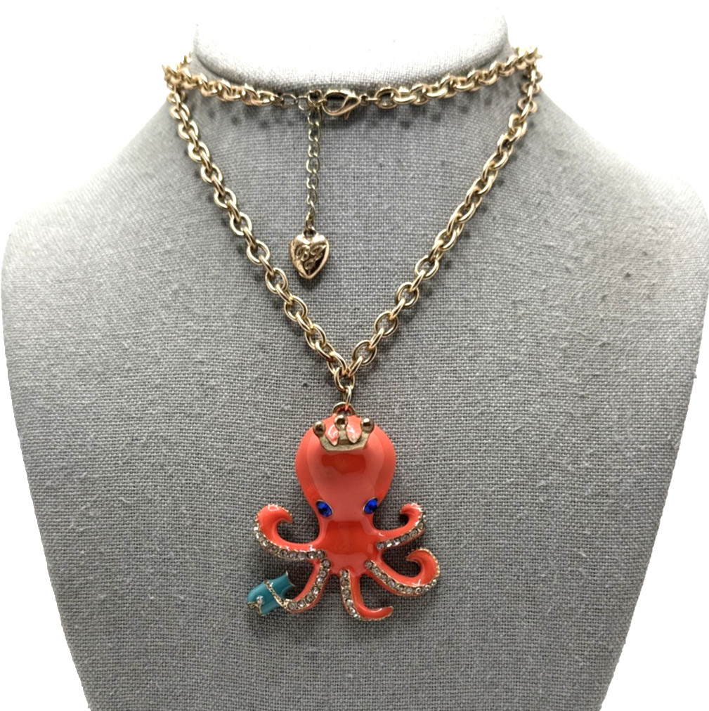 BETSEY JOHNSON Orange Enamel Octopus Pendant Necklace Blue Fish Clear Crystals