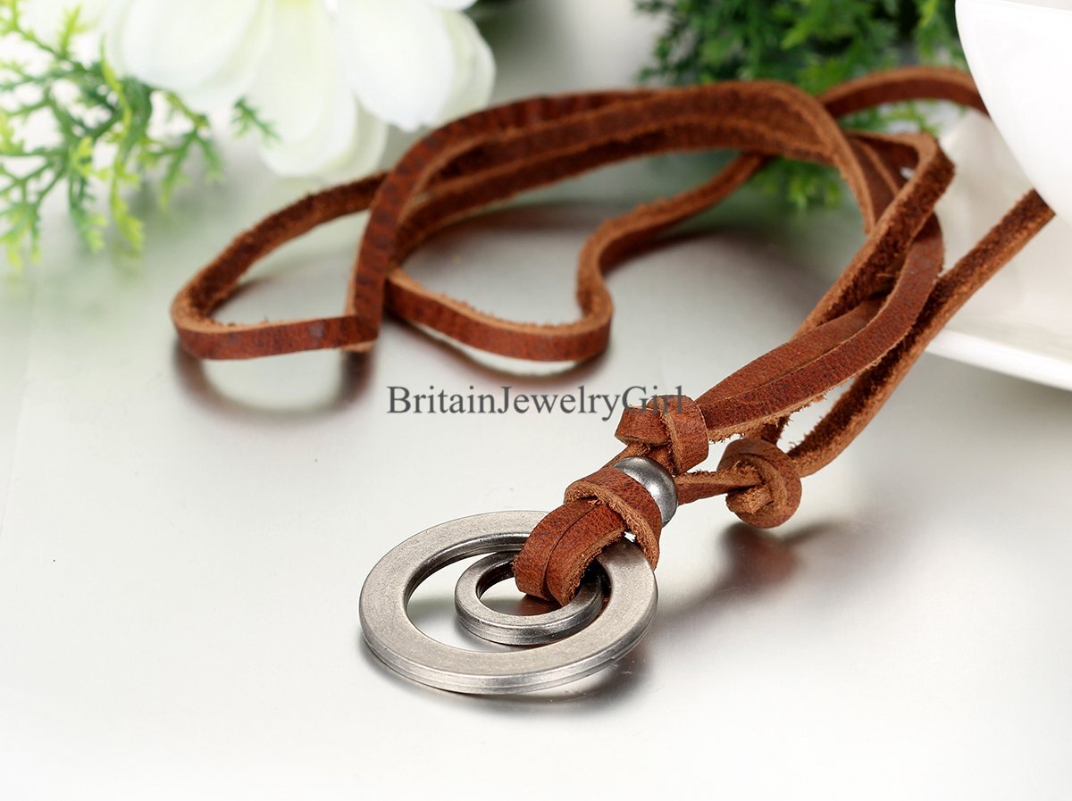 Classic Double Ring Pendant Adjustable Men Women Brown Leather Cord Necklace