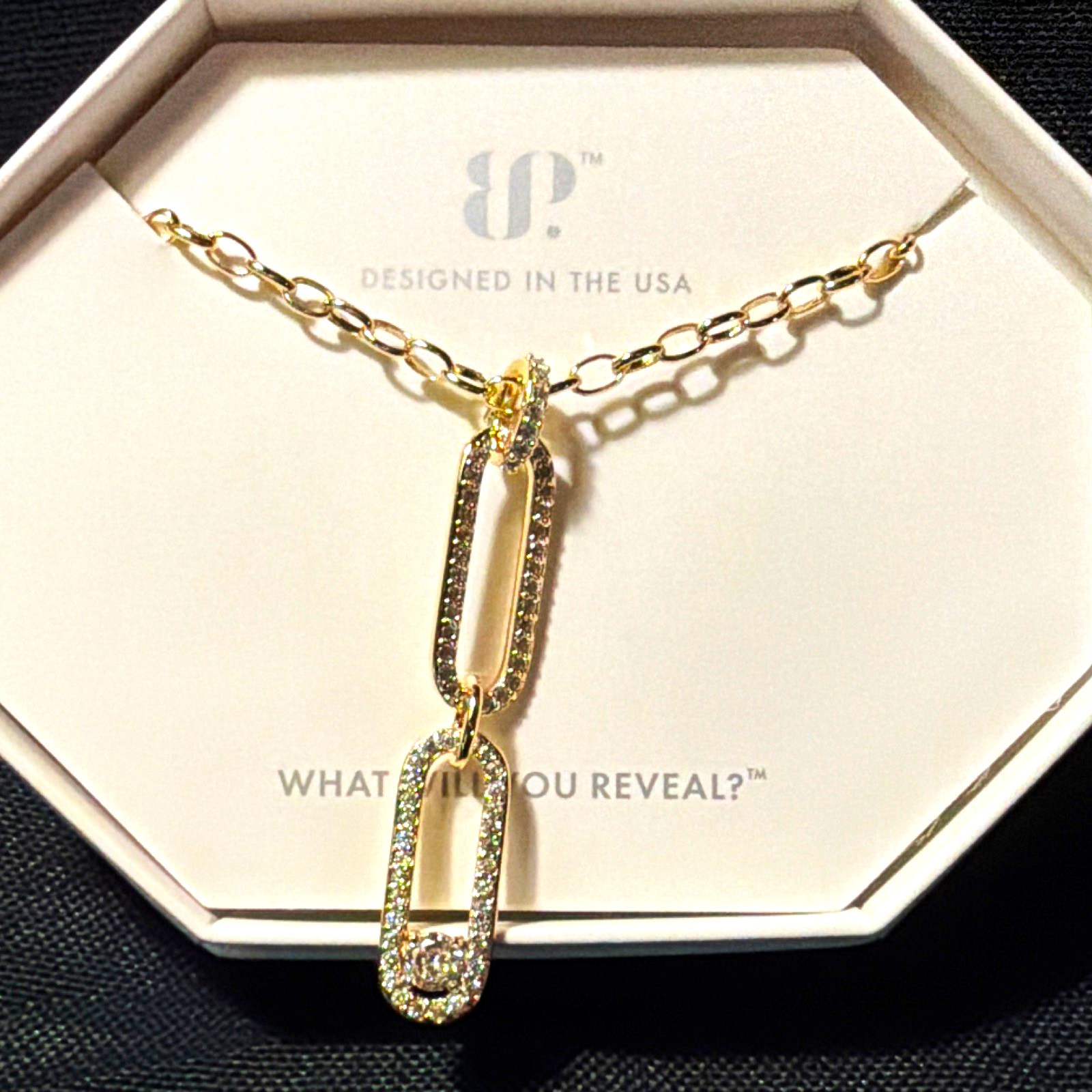 BP Gold Plated Cable Chain CZ Rectangle Pendant Necklace 18″+2.5″ NK96071