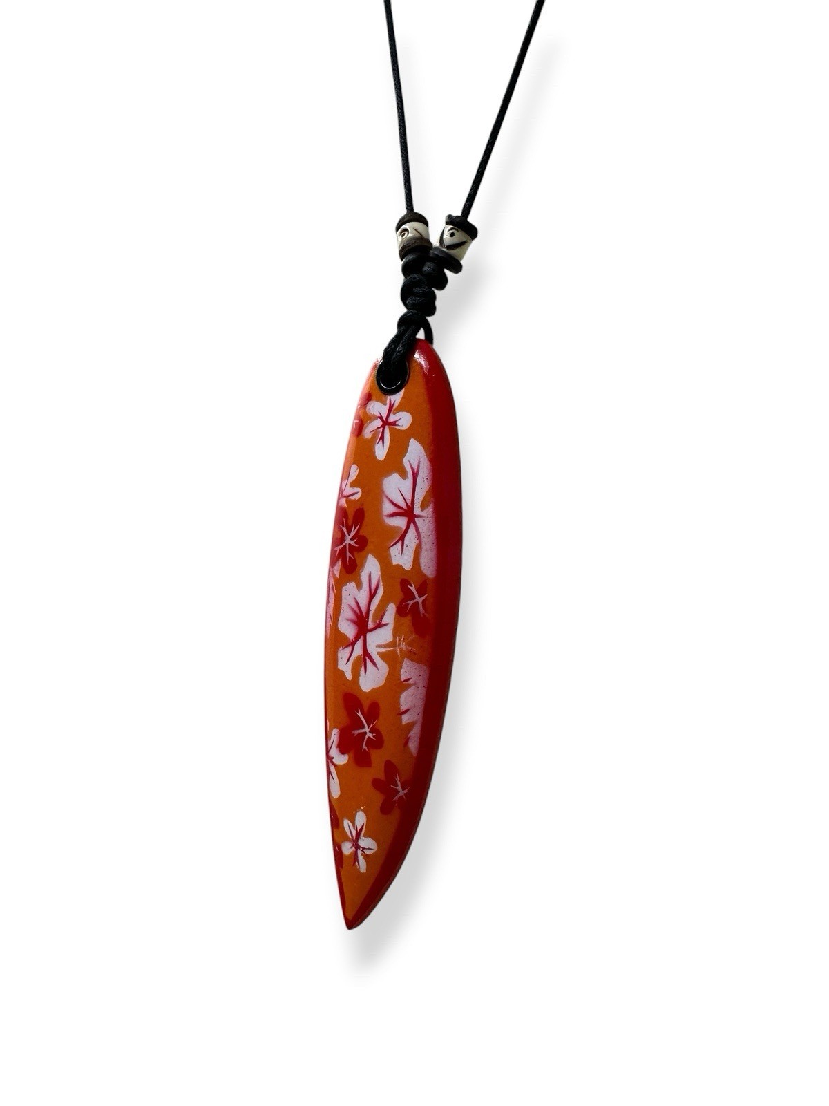 Orange Surfboard Necklace Hawaiian Flower Wood Pendant Beach Jewelry