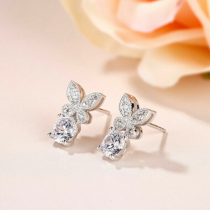 Pretty Butterfly Drop Earring Round Cut Simulated Diamond 14k White Gold Plated