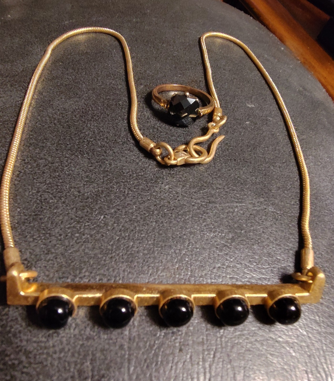 Madewell matte gold tone bar necklace w/ black cabochons + faceted ring