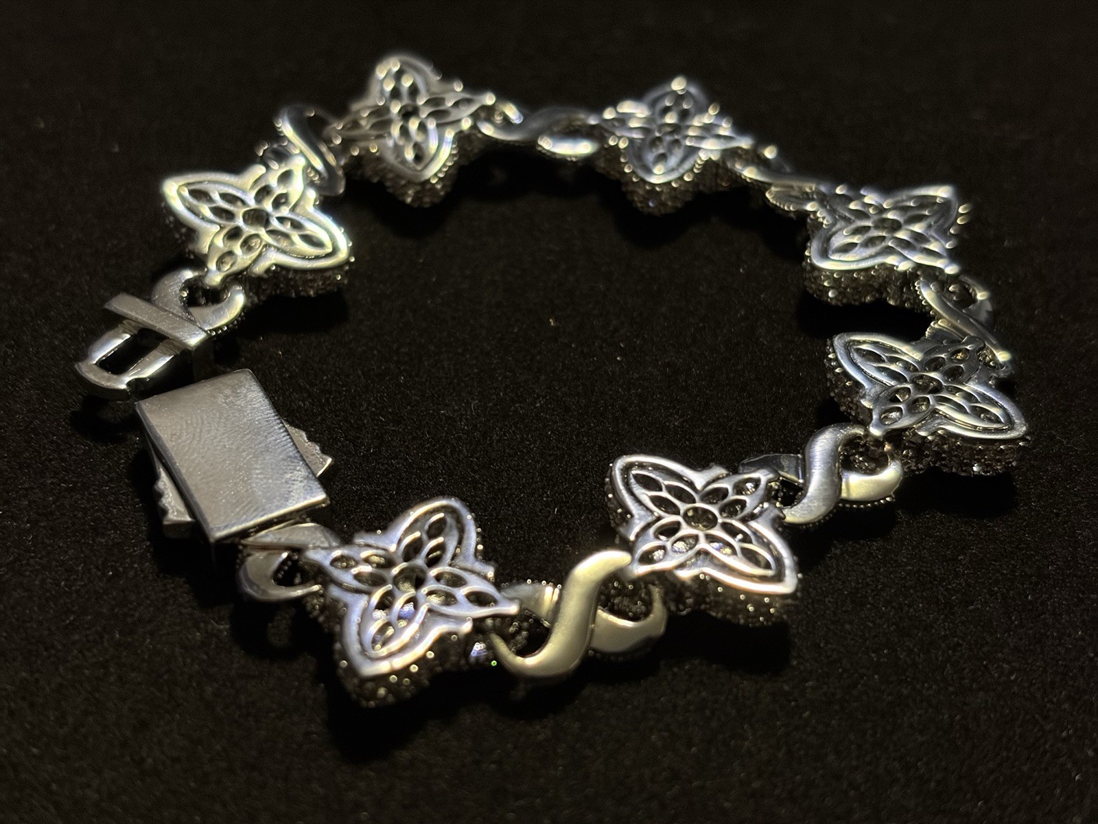 925 SILVER MOISSANITE VVS Silver-Tone Flower Link Chain Bracelet 7.5 INCH NEW