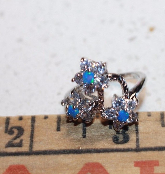 fire opal Cz ring gemstone silver jewelry Sz 6.5 7.5 cocktail engagement flower