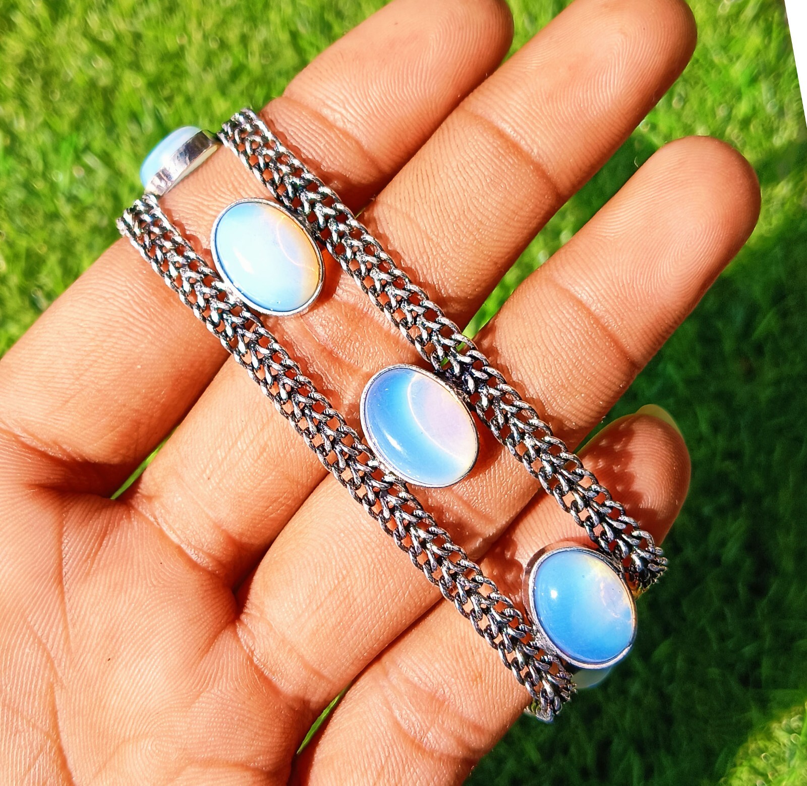 Buy Opalite Gemstone 925 Sterling Silver Plated Chain Bracelet 1pcs